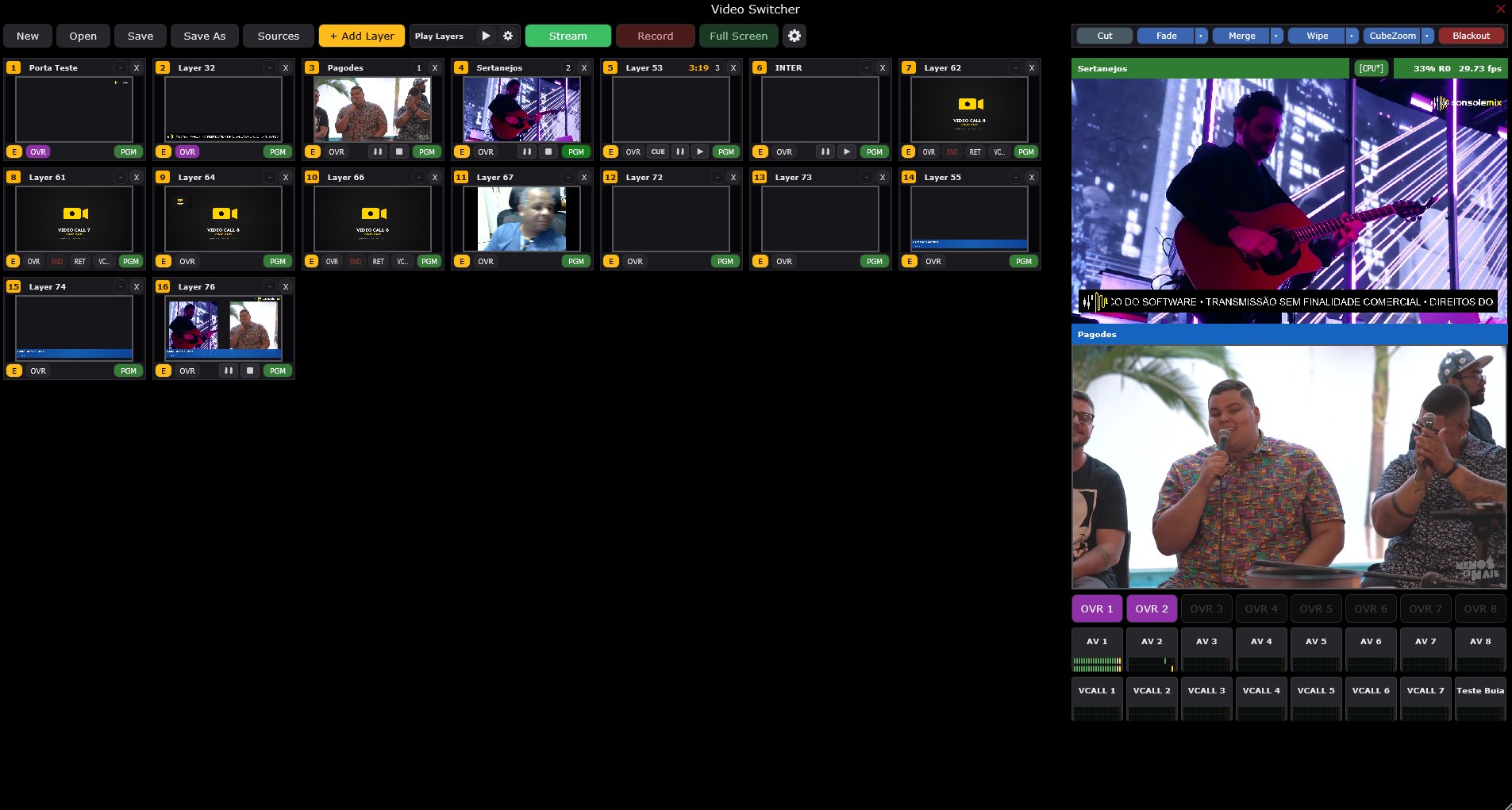 Video Switcher do Console Mix com grade de Layers, Preview, Program, transições e fontes AV e VCALL